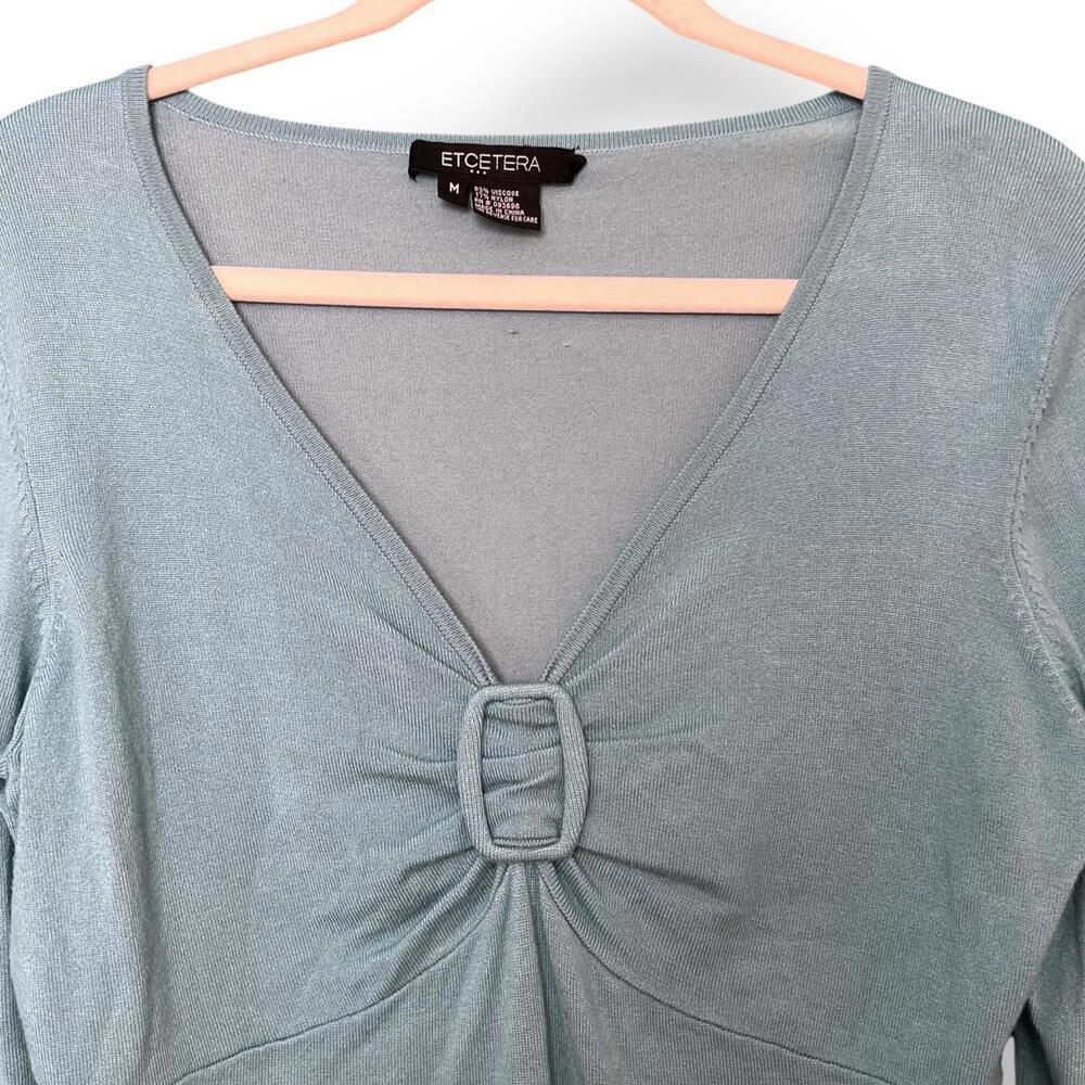 Vintage Y2K Light Blue Long Sleeve V-Neck Top with Buckle Detail